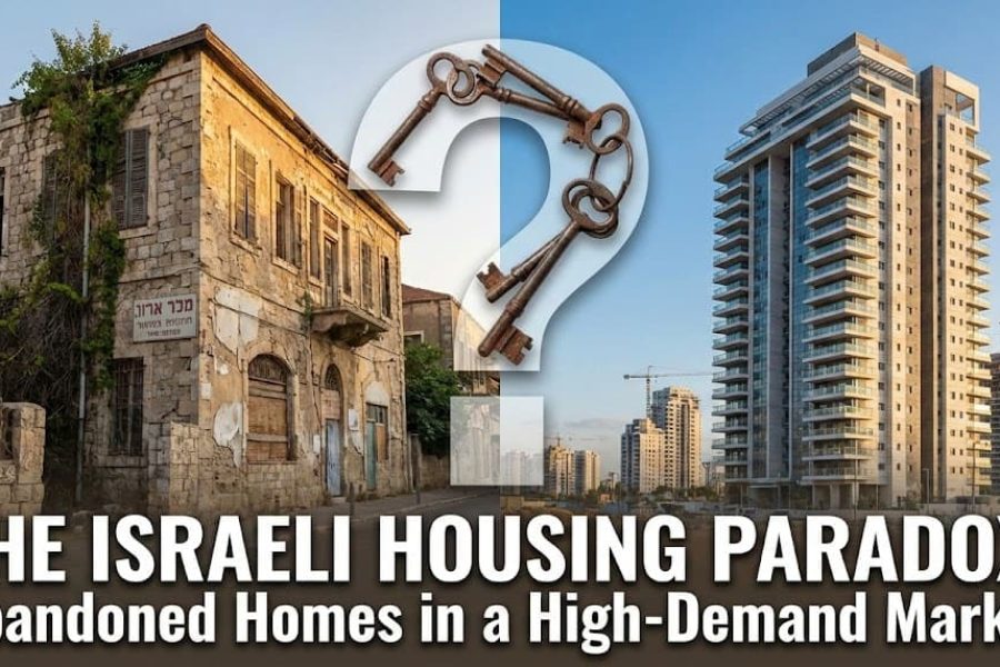 The image features two contrasting buildings: an old, dilapidated stone house on the left and a modern, high-rise apartment building on the right. The background includes a construction crane, indi...