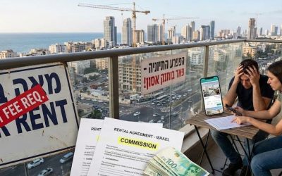 The image shows two people sitting at a table on a balcony overlooking a cityscape with tall buildings and cranes in the background. The person on the left is holding a smartphone displaying an app...