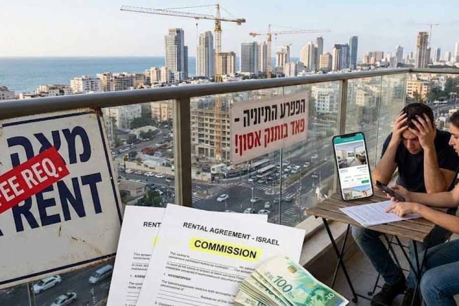 The image shows two people sitting at a table on a balcony overlooking a cityscape with tall buildings and cranes in the background. The person on the left is holding a smartphone displaying an app...