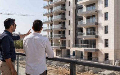Buyer and advisor viewing a nearly completed Israeli apartment project with remaining units
