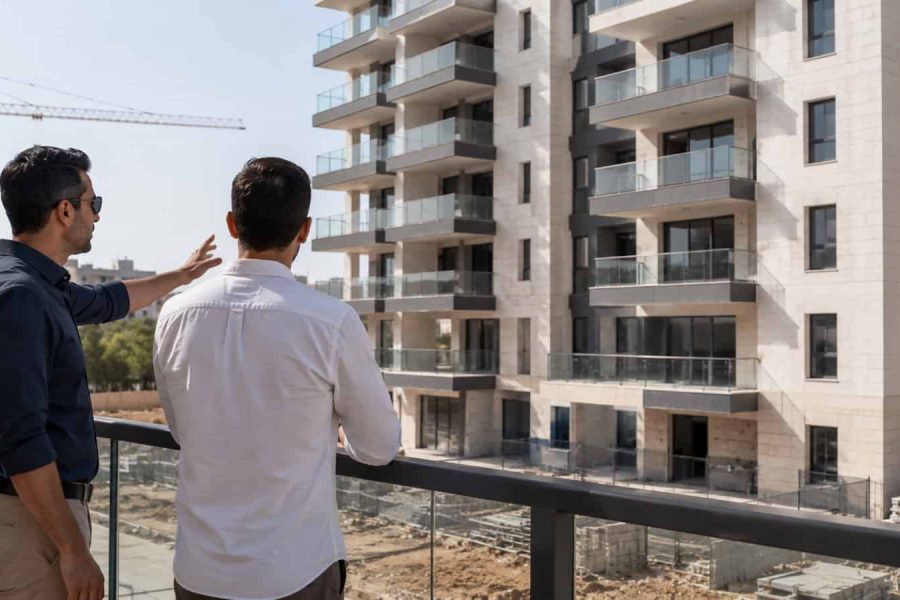 Buyer and advisor viewing a nearly completed Israeli apartment project with remaining units