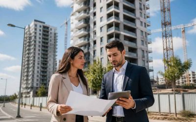 Modern Israeli apartment construction with a buyer reviewing new-build options