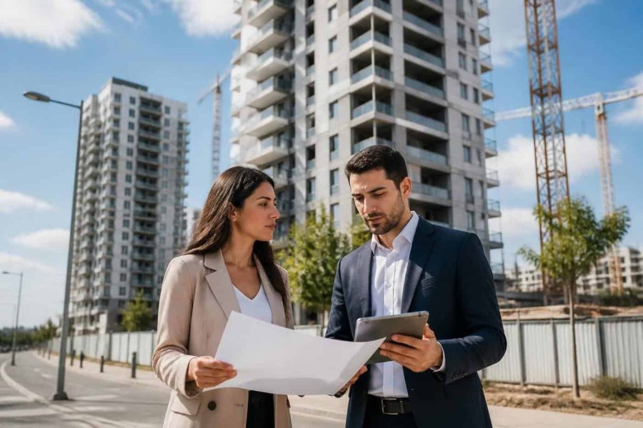 Modern Israeli apartment construction with a buyer reviewing new-build options