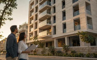 Couple reviewing documents outside a nearly finished apartment building with many dark empty windows showing unsold units near occupancy