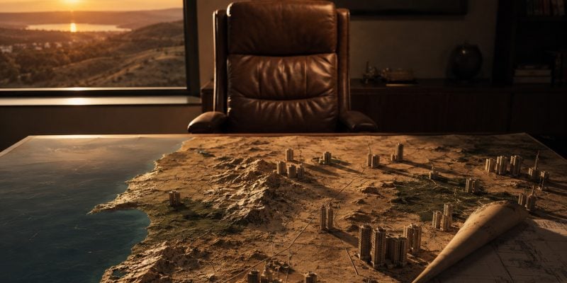 An aerial dusk photo-illustration of a single official's empty leather chair behind a wide planning desk, the desktop covered by a large physical relief map of northern Israel with tiny model apartment towers standing on it, one corner of the map curling up to reveal blueprint lines underneath. Warm low side light from a window, long shadows across the model towers, shallow depth of field with the chair sharp and the far towers soft. Mood: a seat of power left vacant over the land it controls. No text, no words, no numbers, no logos, no flags. Editorial, cinematic, 35mm look.