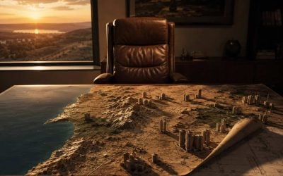 An aerial dusk photo-illustration of a single official's empty leather chair behind a wide planning desk, the desktop covered by a large physical relief map of northern Israel with tiny model apartment towers standing on it, one corner of the map curling up to reveal blueprint lines underneath. Warm low side light from a window, long shadows across the model towers, shallow depth of field with the chair sharp and the far towers soft. Mood: a seat of power left vacant over the land it controls. No text, no words, no numbers, no logos, no flags. Editorial, cinematic, 35mm look.