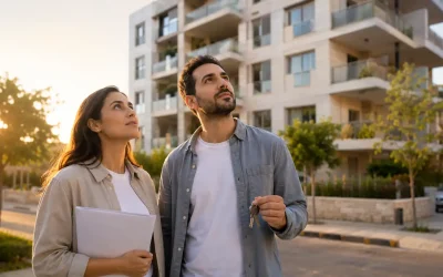 A couple holding keys and documents weighing a price drop against a ready seller outside a new Israeli apartment building