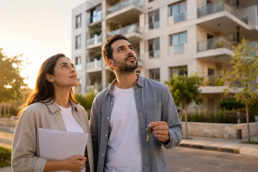A couple holding keys and documents weighing a price drop against a ready seller outside a new Israeli apartment building