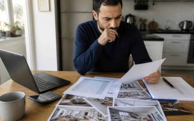 Serious Israeli property buyer reviewing listings and mortgage papers before apartment viewings