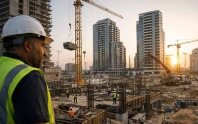 Construction cranes and new development projects in the International Quarter of Western Lod