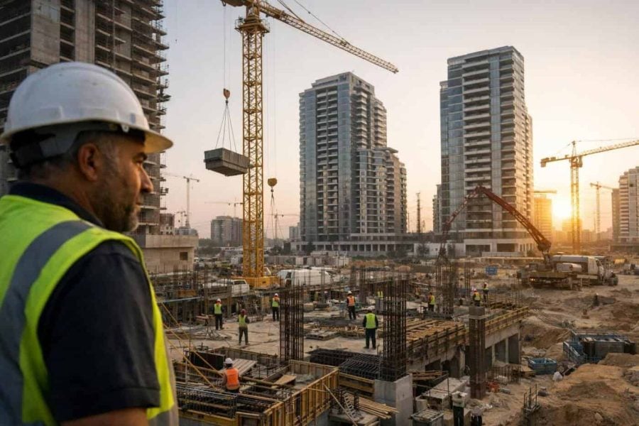 Construction cranes and new development projects in the International Quarter of Western Lod