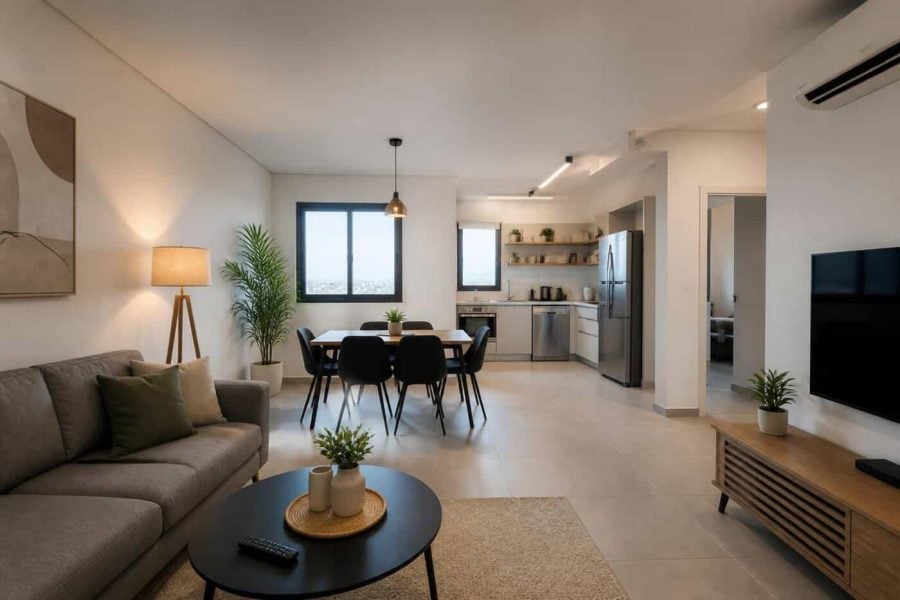 Modern furnished apartment interior in Israel with living room furniture and kitchen appliances