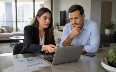 Real estate agent reviewing an apartment listing price with a home seller in a modern Israeli apartment