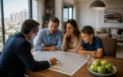 Anglo family reviewing Israeli neighborhood options with a real estate advisor in a modern apartment