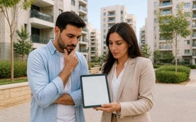 Modern apartment buildings in Israel with a buyer reviewing property options on a tablet