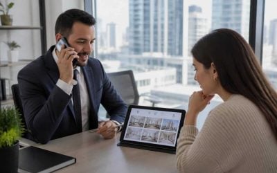Real estate agent and client discussing an apartment search in a modern office