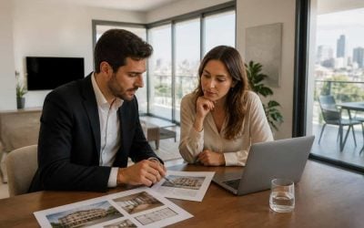 Real estate agent and apartment seller reviewing property pricing documents in a modern Israeli home
