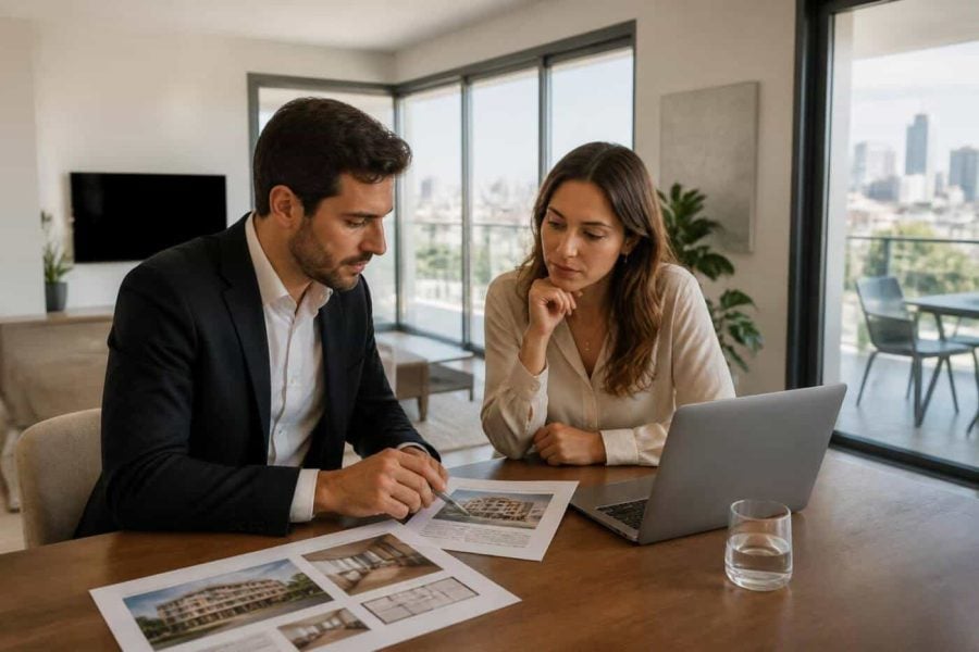 Real estate agent and apartment seller reviewing property pricing documents in a modern Israeli home