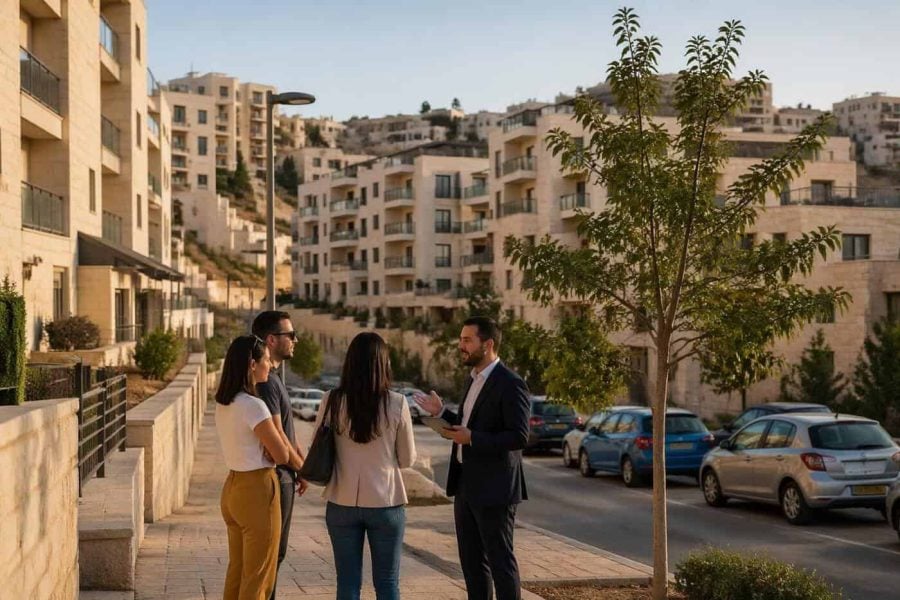 Modern residential apartment buildings in a Jerusalem neighborhood with buyers viewing properties