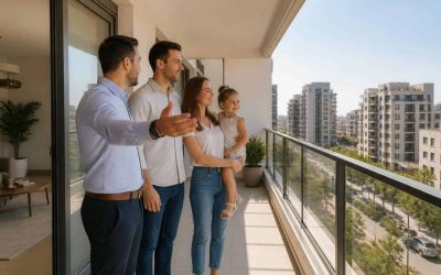 Family viewing a modern apartment balcony in an Israeli residential neighborhood