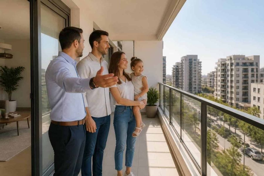 Family viewing a modern apartment balcony in an Israeli residential neighborhood