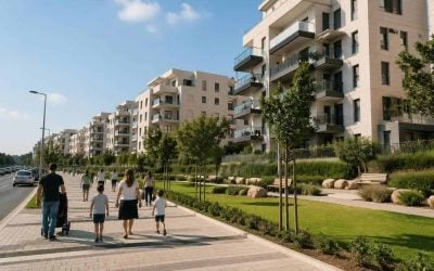 Modern residential apartment buildings in Modi’in with parks and family-friendly streets