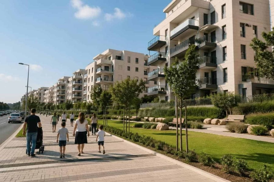 Modern residential apartment buildings in Modi’in with parks and family-friendly streets