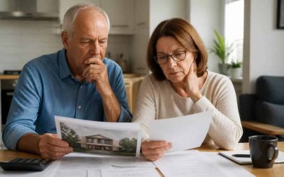 Older Israeli couple looking over apartment documents at a kitchen table in a bright modern home