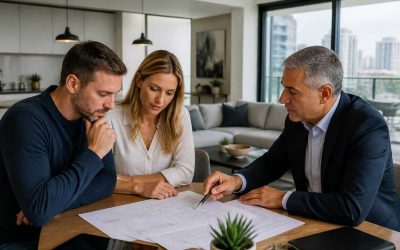 A couple reviewing mortgage documents with a real estate agent in a modern Israeli apartment