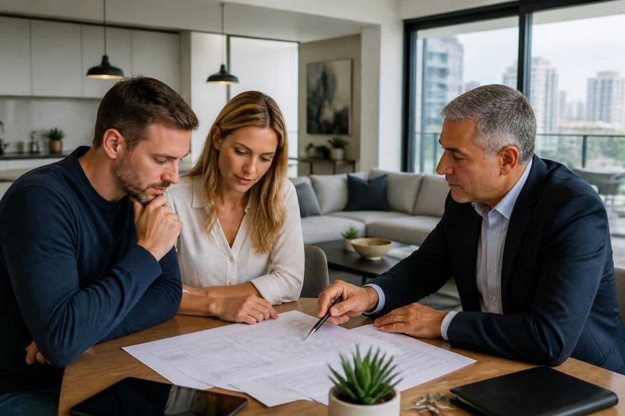 A couple reviewing mortgage documents with a real estate agent in a modern Israeli apartment