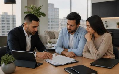 Prospective homebuyers reviewing mortgage documents with a real estate advisor in a modern Israeli apartment setting