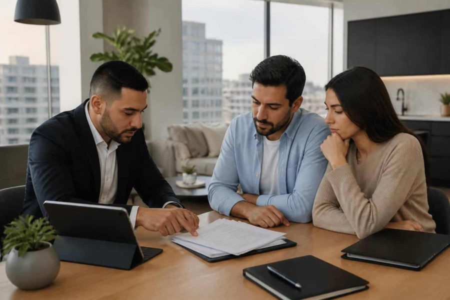 Prospective homebuyers reviewing mortgage documents with a real estate advisor in a modern Israeli apartment setting