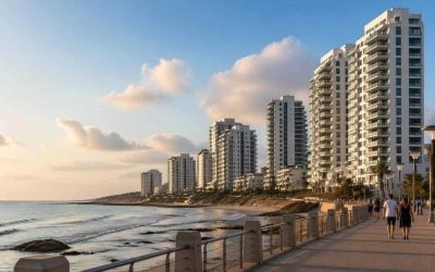 Modern apartment towers along Netanya’s coastline overlooking the Mediterranean near a seaside promenade