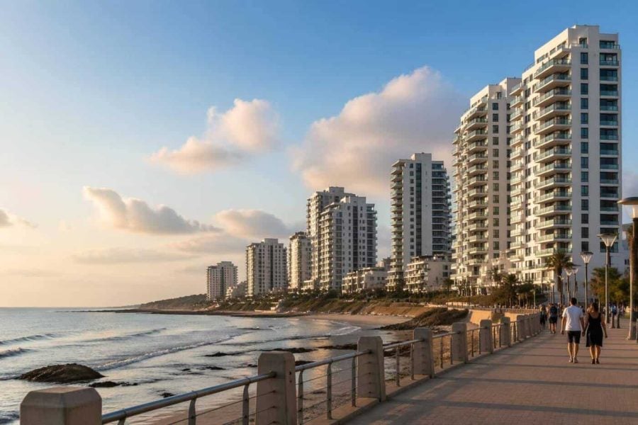 Modern apartment towers along Netanya’s coastline overlooking the Mediterranean near a seaside promenade