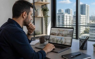 Buyer reviewing apartment listings on a laptop in a modern Israeli home office