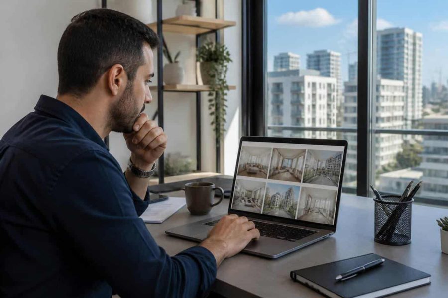 Buyer reviewing apartment listings on a laptop in a modern Israeli home office