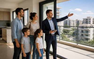 New immigrant family viewing a modern apartment balcony in Israel with a real estate advisor