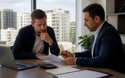 Overseas homebuyer reviewing mortgage documents with an adviser in a modern office