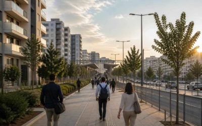 Modern apartment buildings and commuters near a rail corridor in the Rehovot–Ness Ziona area