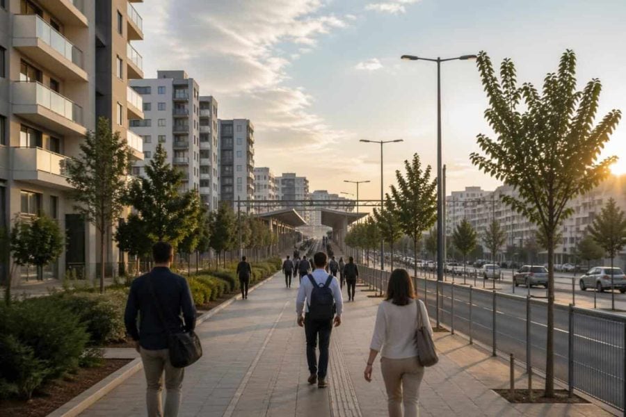Modern apartment buildings and commuters near a rail corridor in the Rehovot–Ness Ziona area