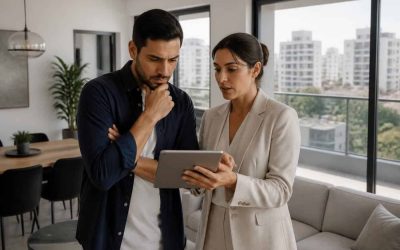 Real estate agent and buyer reviewing an apartment listing on a tablet in a modern Israeli apartment