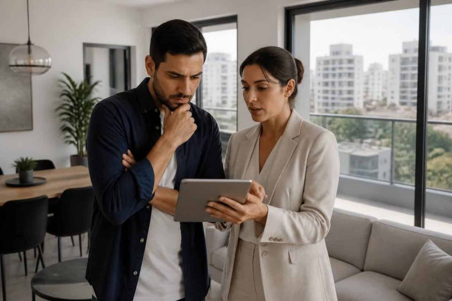 Real estate agent and buyer reviewing an apartment listing on a tablet in a modern Israeli apartment