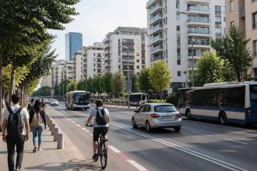 Apartment buildings and street scene near a university area in Ramat Gan
