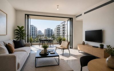 Israeli apartment living room prepared for a real estate viewing with a city view through large windows