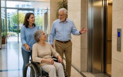 Retired couple and adult child viewing an accessible apartment building in Israel