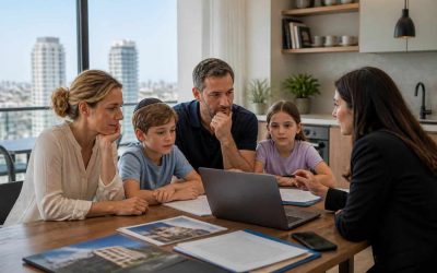 English-speaking family reviewing relocation plans in a modern Israeli apartment with a real estate agent