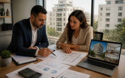 Real estate advisor reviewing apartment listings and financing documents with a buyer in a modern Israeli office