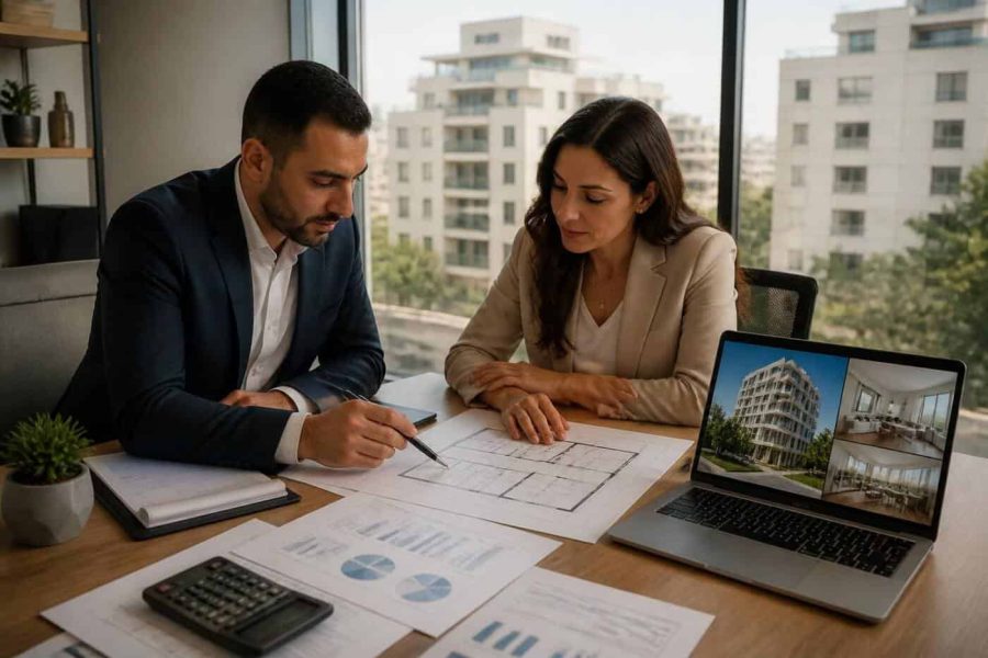 Real estate advisor reviewing apartment listings and financing documents with a buyer in a modern Israeli office