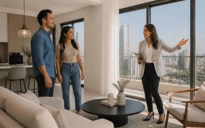 Real estate agent showing a modern apartment to prospective homebuyers in Israel