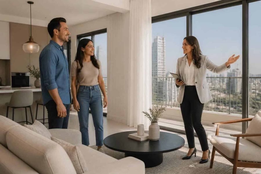 Real estate agent showing a modern apartment to prospective homebuyers in Israel